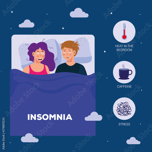 woman and man with insomnia in bed design, sleep and night theme Vector illustration