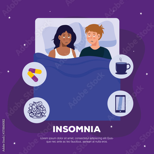 woman and man with insomnia in bed design, sleep and night theme Vector illustration