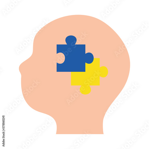 down syndrome puzzles in head flat style icon design, disability support and solidarity theme Vector illustration