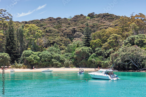 Fototapeta Naklejka Na Ścianę i Meble -  Beach life with turquoise water and motor yachts in Bay of Islands, New Zealand