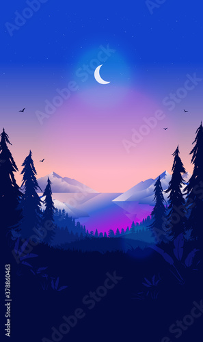 Vertical nature background with moon and stars - Night scene outdoors in beautiful landscape, forest, mountains and sea. Vector illustration.