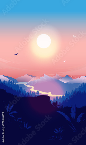 Vertical background image of mountain range and nature. Peaceful river, mountains, forest, birds and sun. Mobile wallpaper and welcome screen. Vector illustration.