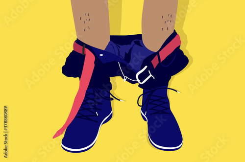 Pants down - Male person standing with naked legs and trousers pulled down. Venereal disease, physical examination and genital problems concept. Vector illustration.