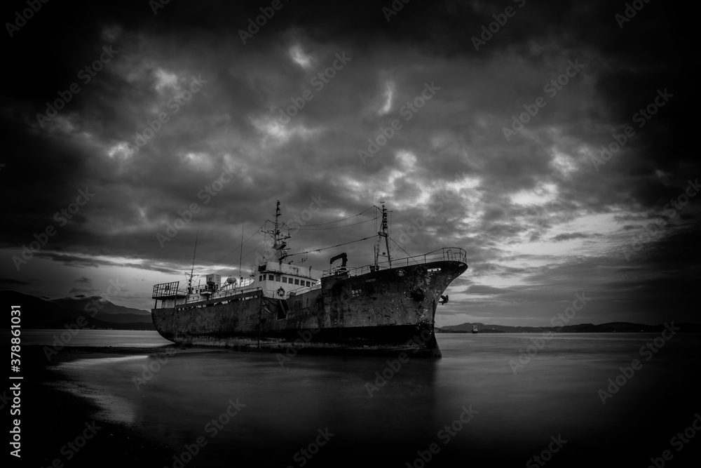 The ship in the shallows, a black-and-white photo