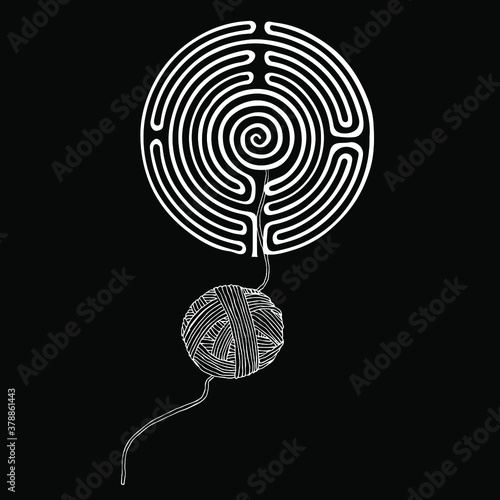 Maze or labyrinth and ball of yarn. Ariadne's thread. Ancient Greek mythology. Creative concept. Black and white silhouette.
