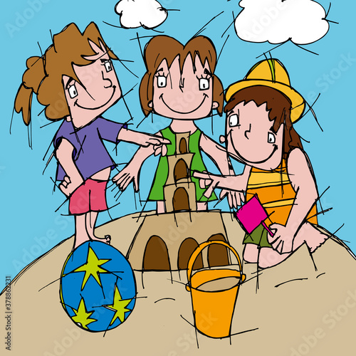 Three girls making a sand castle