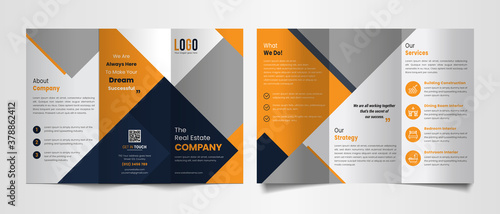 Modern trifold brochure template with black and yellow color shapes. photo