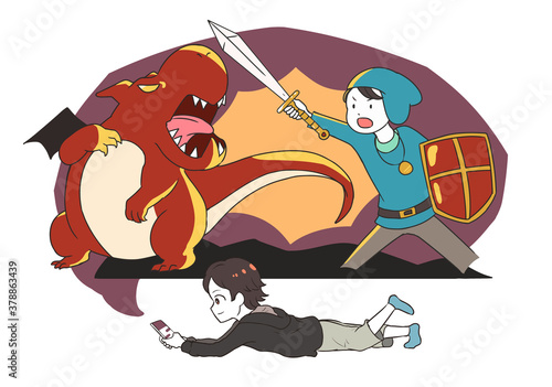 スマホゲームで遊ぶ男の子　横姿　RPG系