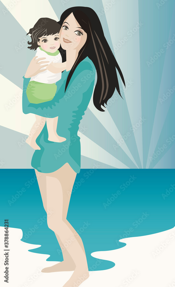 Portrait of a mother carrying her daughter on the beach Portrait of a mother carrying her daughter on the beach