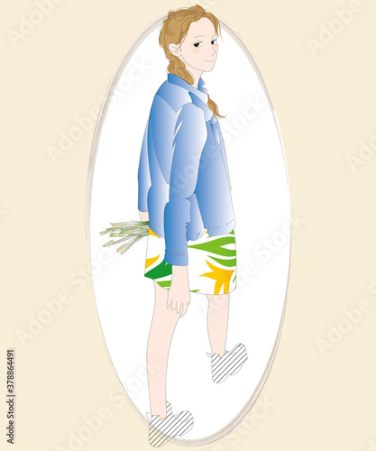 振り返る女性、歩く散歩姿のイラスト、背景あり