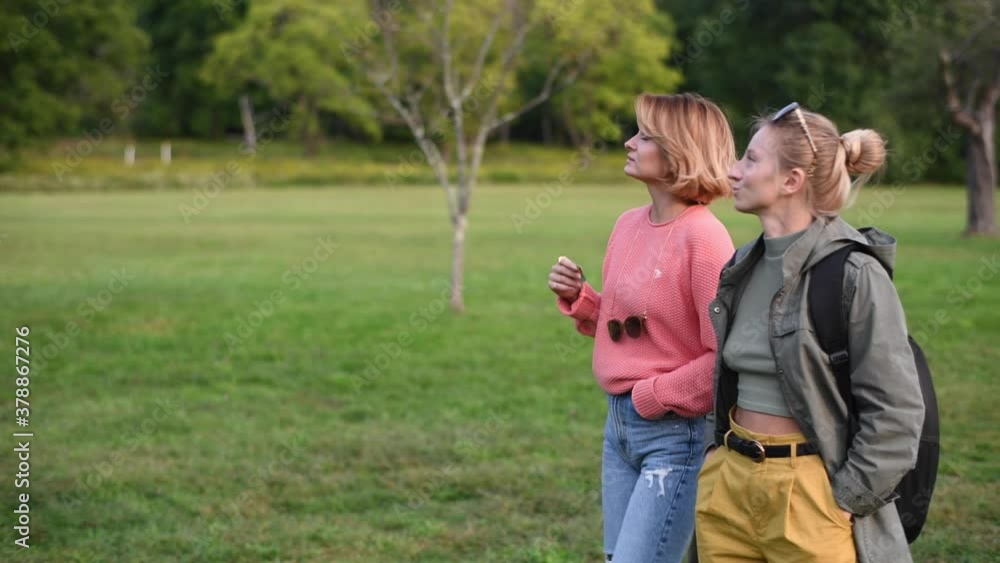 Beautiful women in autumn clothes walking together in the park Beautiful women in autumn clothes walking together in the park