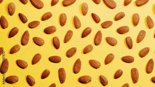 Countless amount of ordered almonds. Trucking animation. Tasty crunchy nuts.