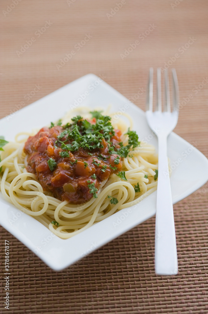 Close-up of spaghetti and meat with a fork Close-up of spaghetti and meat with a fork
