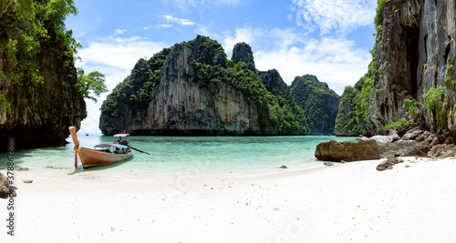 Travel vacation summer background of Beautiful Phi Phi island in Krabi Province Thailand amazing nature view.