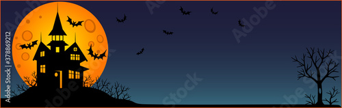 Halloween - horizontal banner - full color stock illustration. Website banner or flyer with copy space, Scary mansion, full moon and bats. Halloween illustration with an abandoned creepy house.