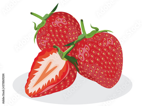 Three strawberries with strawberry leaf and strawberry slash on white background.