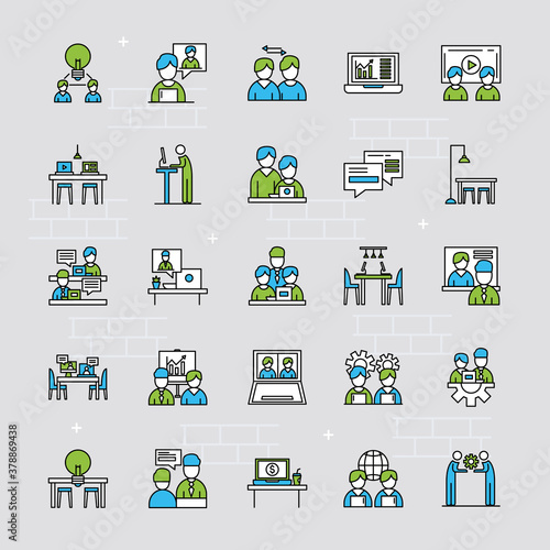 coworking line and colors style set icons design, teamwork and strategy theme Vector illustration