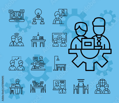 coworking line style icon set design, teamwork and strategy theme Vector illustration