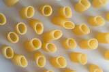Close-up of raw rigatoni on a white background