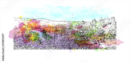 Building view with landmark of Banjaluka is the second largest city in Bosnia. Watercolor splash with hand drawn sketch illustration in vector.