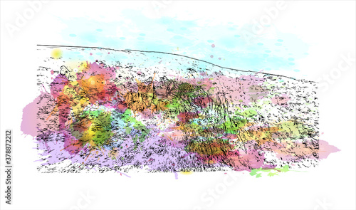 Building view with landmark of Banjaluka is the second largest city in Bosnia. Watercolor splash with hand drawn sketch illustration in vector.