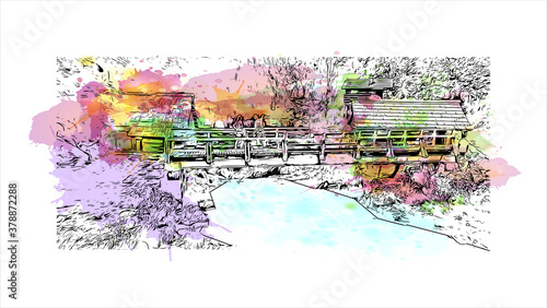 Building view with landmark of Banjaluka is the second largest city in Bosnia. Watercolor splash with hand drawn sketch illustration in vector.