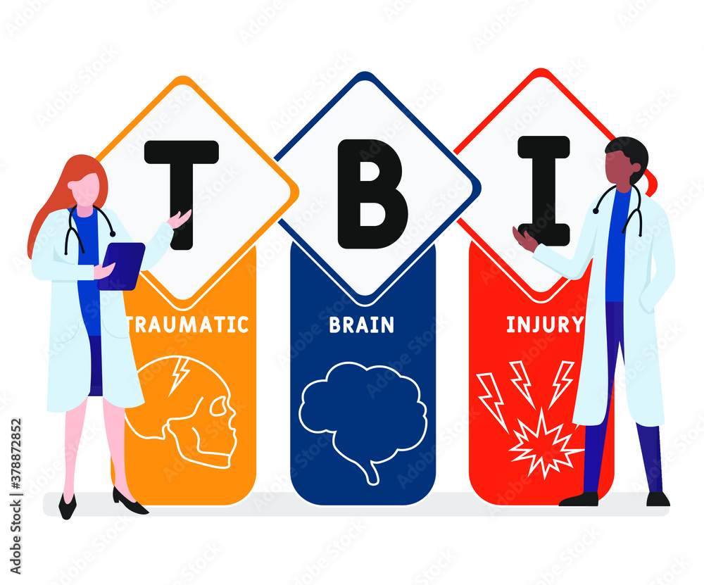 Flat design with people. TBI - Traumatic Brain Injury acronym, medical concept. Vector illustration for website banner, marketing materials, business presentation, online advertising Flat design with people. TBI - Traumatic Brain Injury acronym, medical concept. Vector illustration for website banner, marketing materials, business presentation, online advertising