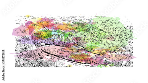 Building view with landmark of Banjaluka is the second largest city in Bosnia. Watercolor splash with hand drawn sketch illustration in vector.