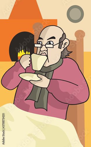 Man sitting at a table in front of a fireplace drinking coffee