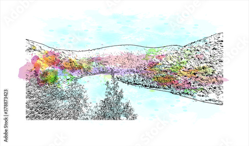 Building view with landmark of Banjaluka is the second largest city in Bosnia. Watercolor splash with hand drawn sketch illustration in vector.
