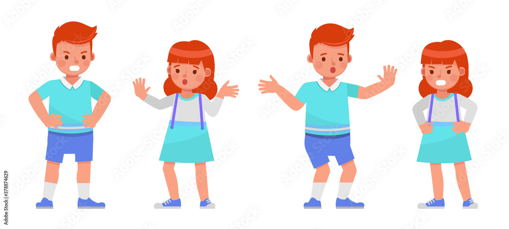 Set of children character vector design. Boy and girl wear blue, white shirt. Presentation in various action with emotions. Set of children character vector design. Boy and girl wear blue, white shirt. Presentation in various action with emotions.