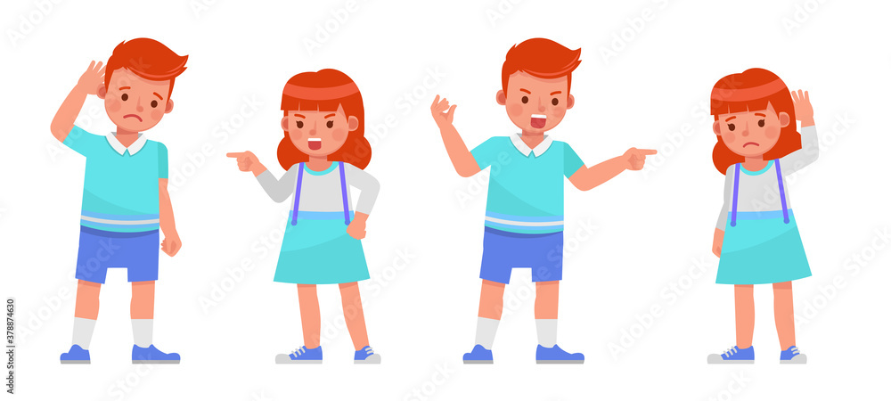 Set of children character vector design. Boy and girl wear blue, white shirt. Presentation in various action with emotions. Set of children character vector design. Boy and girl wear blue, white shirt. Presentation in various action with emotions.