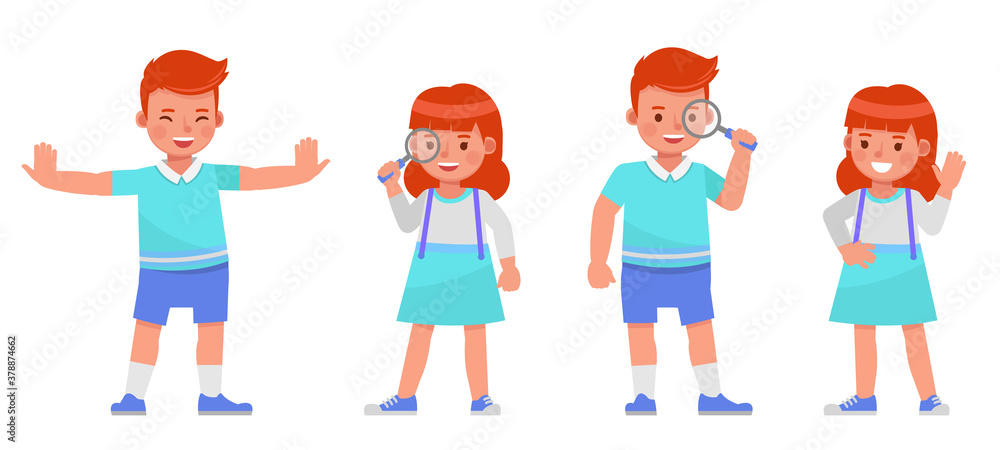 Set of children character vector design. Boy and girl wear blue, white shirt. Presentation in various action with emotions. Set of children character vector design. Boy and girl wear blue, white shirt. Presentation in various action with emotions.
