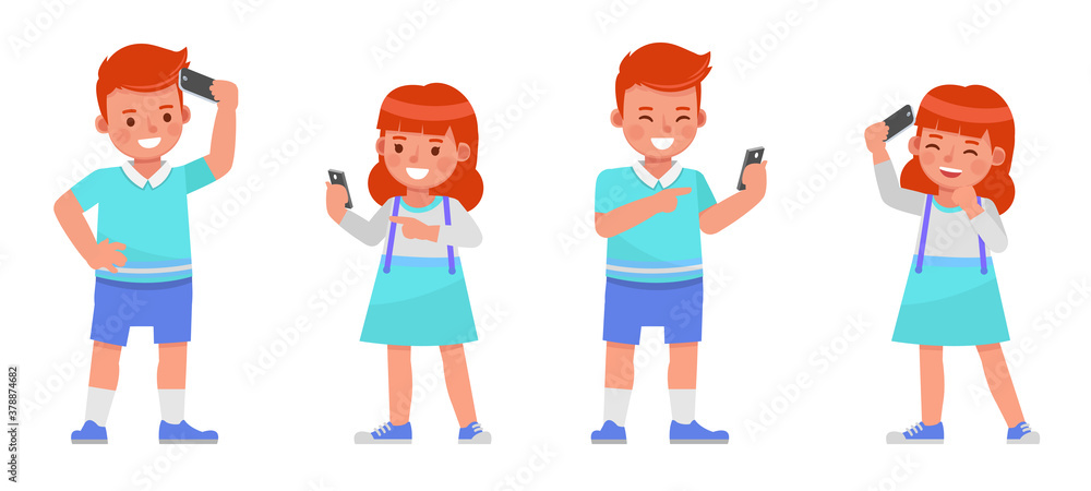 Set of children character vector design. Boy and girl wear blue, white shirt. Presentation in various action with emotions. Set of children character vector design. Boy and girl wear blue, white shirt. Presentation in various action with emotions.