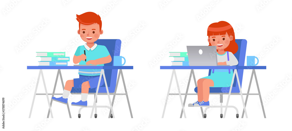 Set of children character vector design. Boy and girl wear blue, white shirt. Presentation in various action with emotions. Set of children character vector design. Boy and girl wear blue, white shirt. Presentation in various action with emotions.