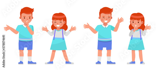  Set of children character vector design. Boy and girl wear blue, white shirt. Presentation in various action with emotions.