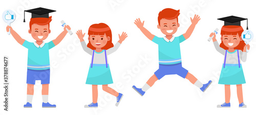  Set of children character vector design. Boy and girl wear blue, white shirt. Presentation in various action with emotions.