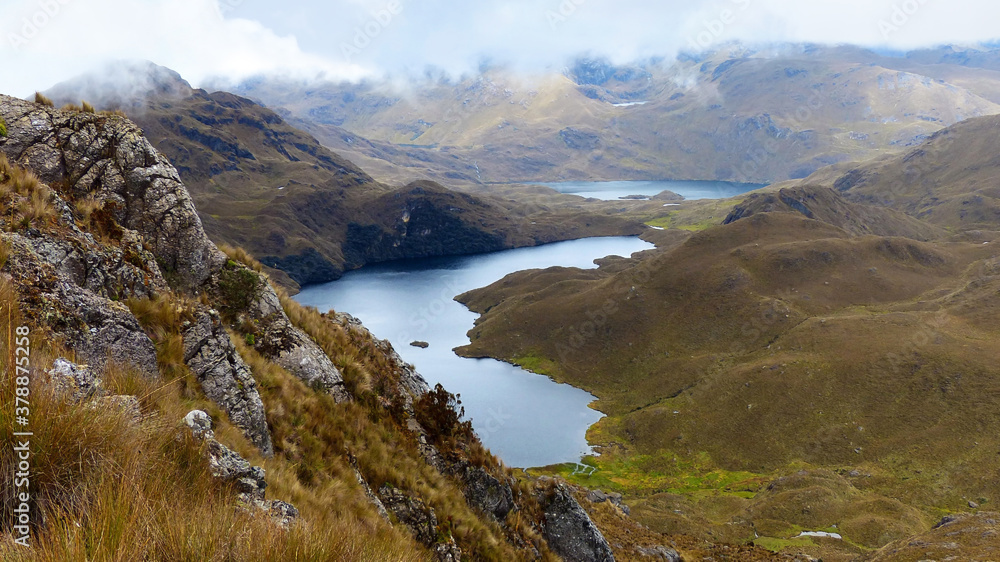 Cajas National Park, Andean Highlands, South America, Ecuador, Azuay province, to the west of Cuenca. Big lake or Laguna Larga close to Mirador Tres Cruces  