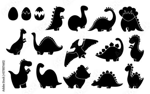 Dinosaur black silhouette set. Reptile glyph collection, predators and herbivores dino. Funny monochrome shape dinosaurs. Kids design for fabric or textile. Vector illustration isolated