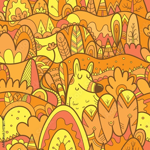 Seamless pattern with  fairy forest on  orange background. Fantastic funny animals  plants and trees. Vector contour doodle image.