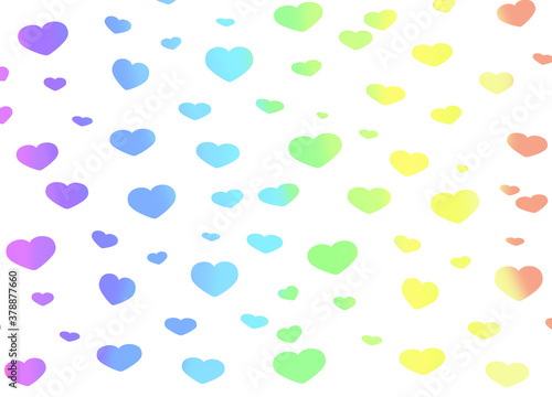 Multicolored gradient bright hearts on a white background, isolates. Pastel palette, horizontal picture.
