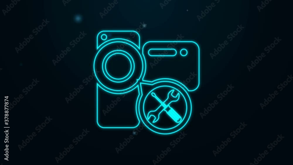 Glowing neon line Video camera with screwdriver and wrench icon isolated on black background. Adjusting, service, setting, maintenance, repair, fixing. 4K Video motion graphic animation Glowing neon line Video camera with screwdriver and wrench icon isolated on black background. Adjusting, service, setting, maintenance, repair, fixing. 4K Video motion graphic animation
