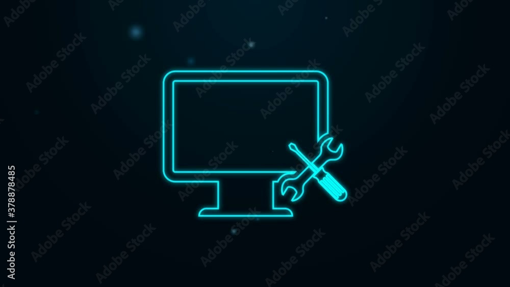 Glowing neon line Computer monitor with screwdriver and wrench icon isolated on black background. Adjusting, service, setting, maintenance, repair, fixing. 4K Video motion graphic animation Glowing neon line Computer monitor with screwdriver and wrench icon isolated on black background. Adjusting, service, setting, maintenance, repair, fixing. 4K Video motion graphic animation