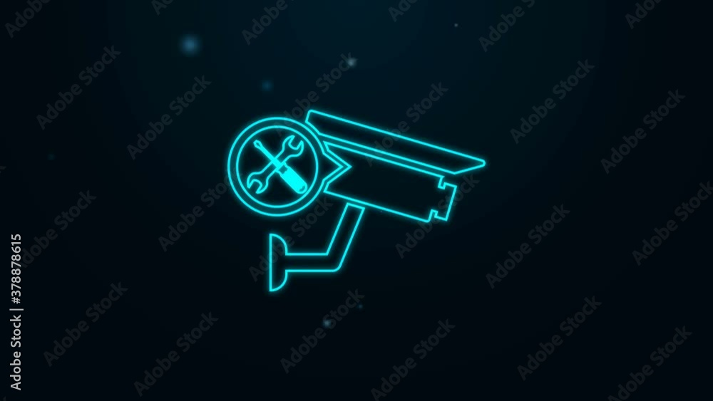 Glowing neon line Security camera with screwdriver and wrench icon isolated on black background. Adjusting, service, setting, maintenance, repair, fixing. 4K Video motion graphic animation