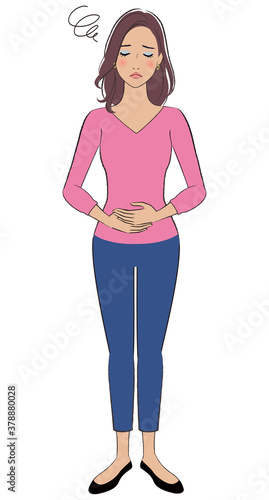A woman with brown skin having stomachache