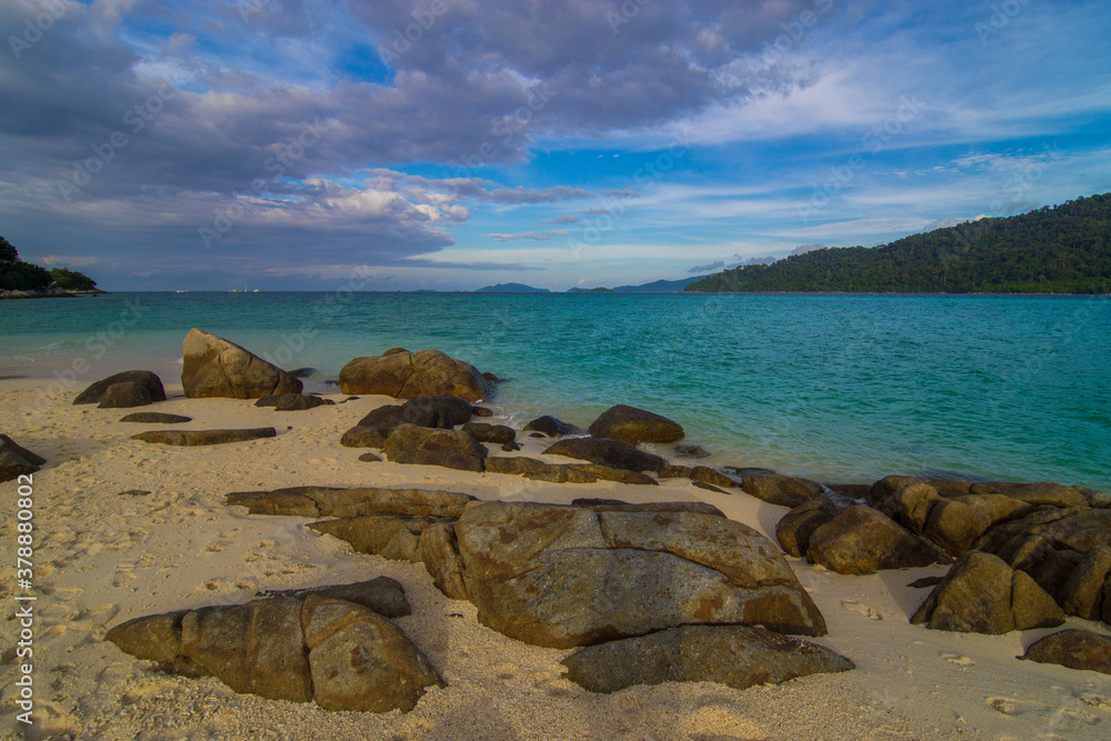 White sand beach tropical sea beach mountain view White sand beach tropical sea beach mountain view