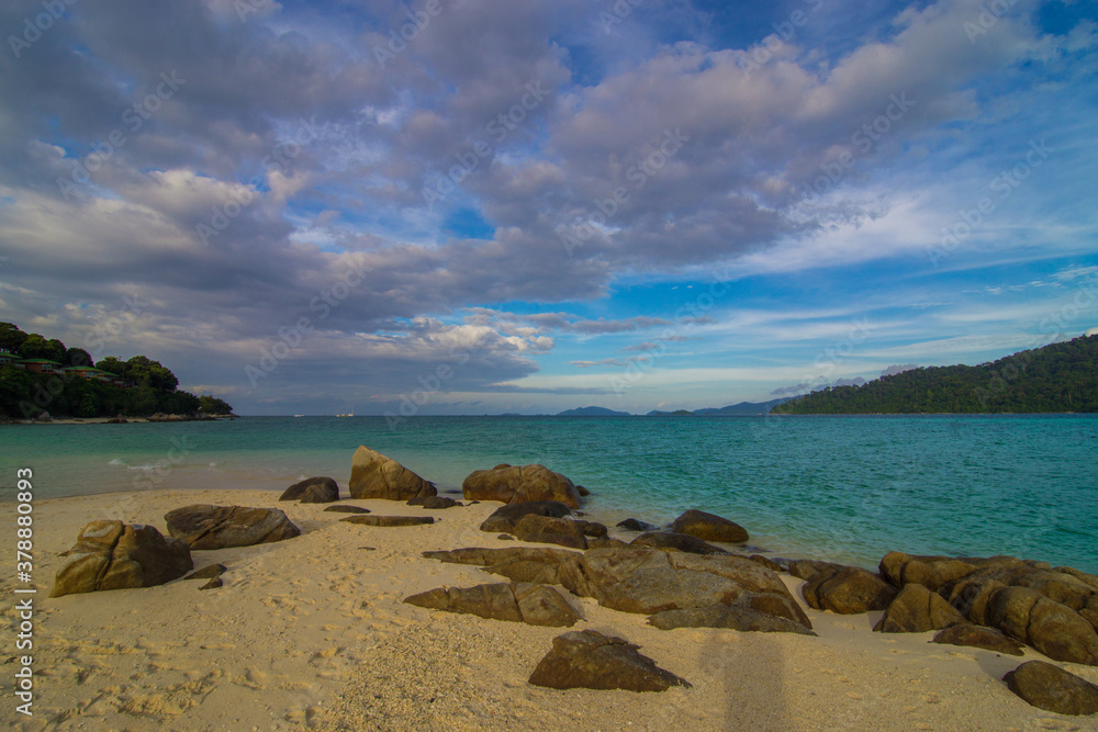 White sand beach tropical sea beach mountain view White sand beach tropical sea beach mountain view