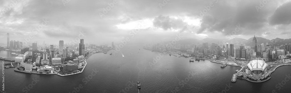 Naklejka premium Hong Kong City and Buildings Black and White