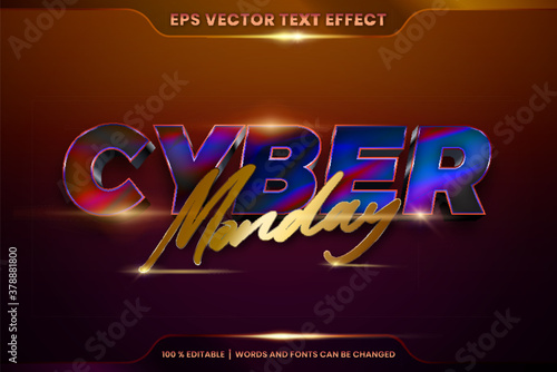 Text effect in 3d Cyber monday words, font styles theme editable realistic metal gradient gold and colorful combination with flare light concept