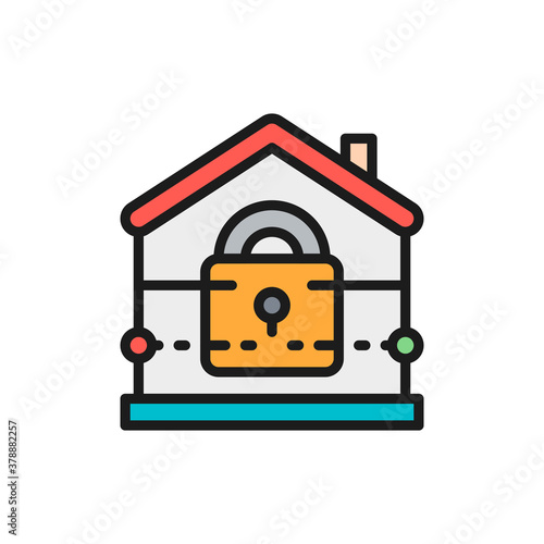 House with lock, home security, insurance flat color line icon.